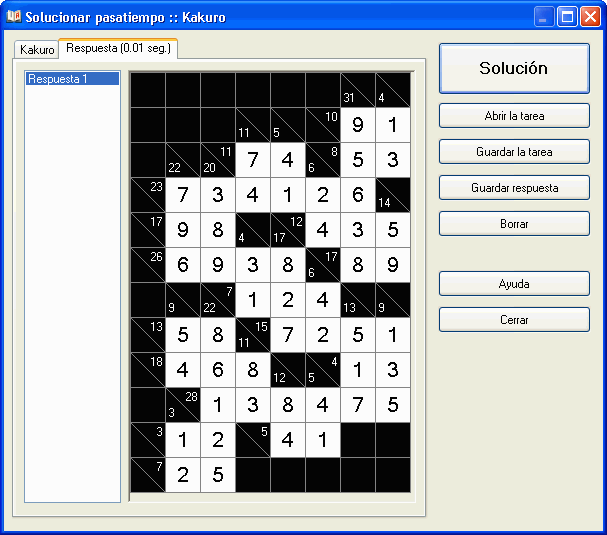 Ventana de solución de rompecabezas Kakuro