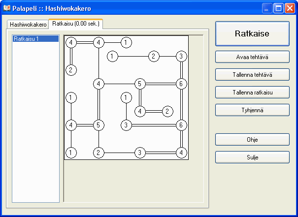 Hashiwokakero -pelin ratkaisuikkuna