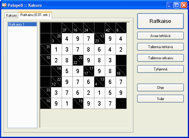 Kakuro -pelin ratkaisuikkuna