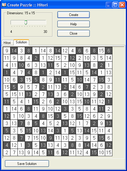 Fereastra creării puzzle-ului Hitori