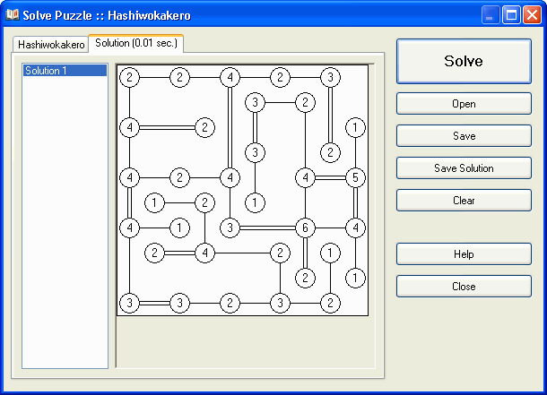 Fereastra rezolvării puzzle-ului Hashiwokakero