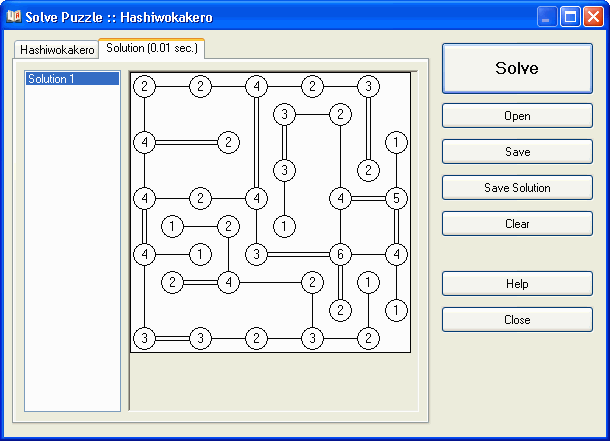 Hashiwokakero 퍼즐 풀기 창